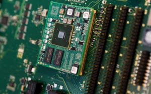 Close up view of a small microchip in pcb board
